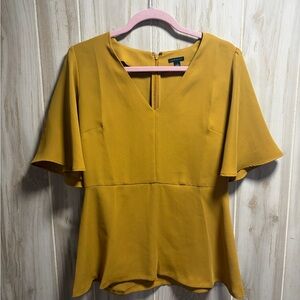 Ann Taylor Mustard Yellow V-Neck Flutter Sleeve Blouse